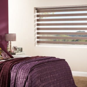 Mouve Blinds Behind Wjhite and Purple Room