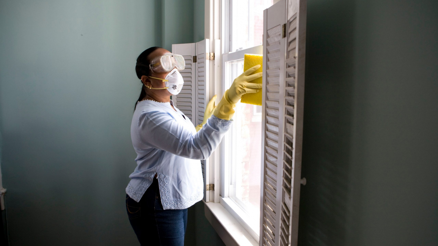 Woman cleaning Windows with a Sponge